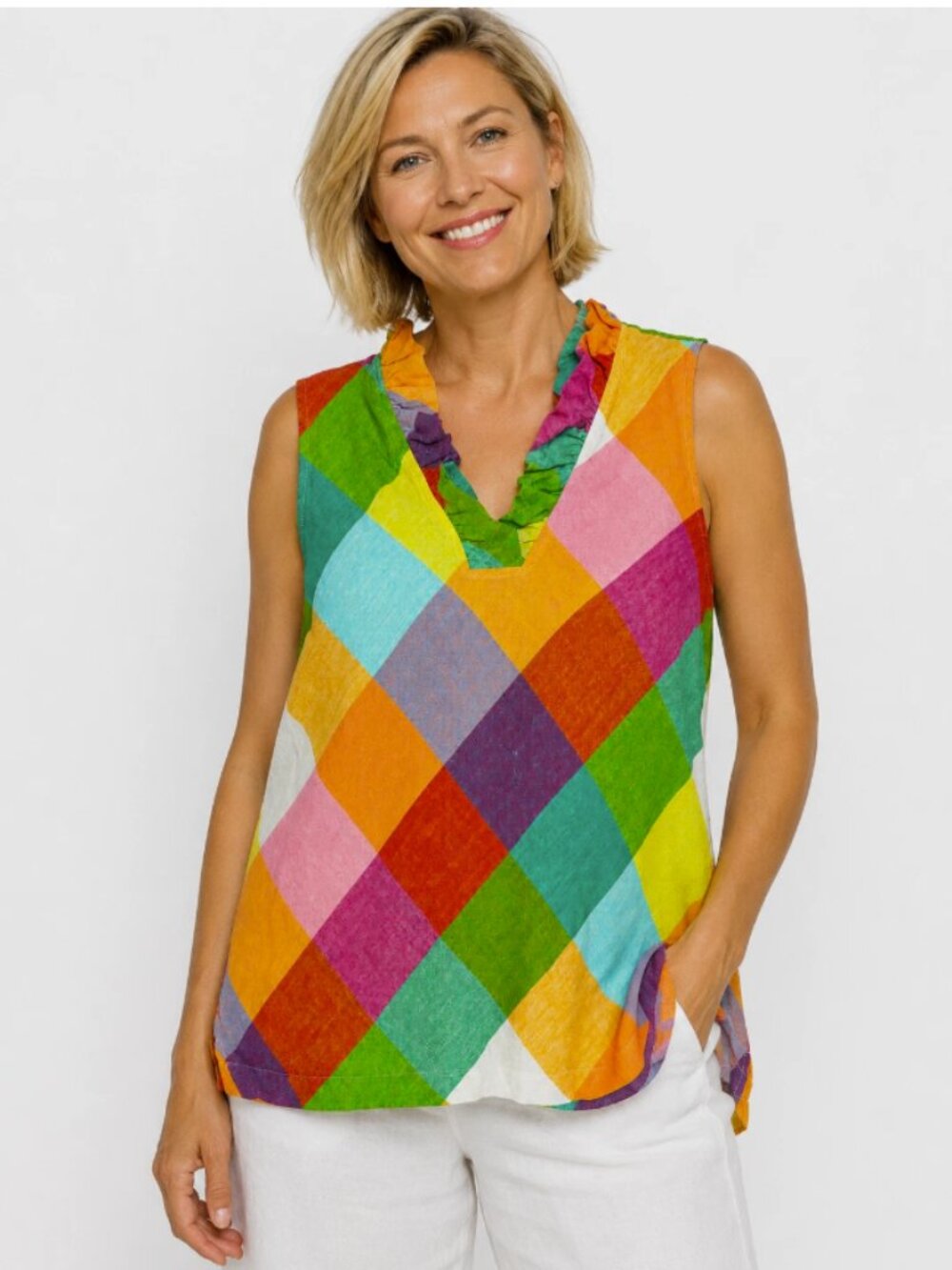 Crown Ivy Linen Sleeveless Top Tunic XL Multicolor Plaid Ruffle V-Neck Women's